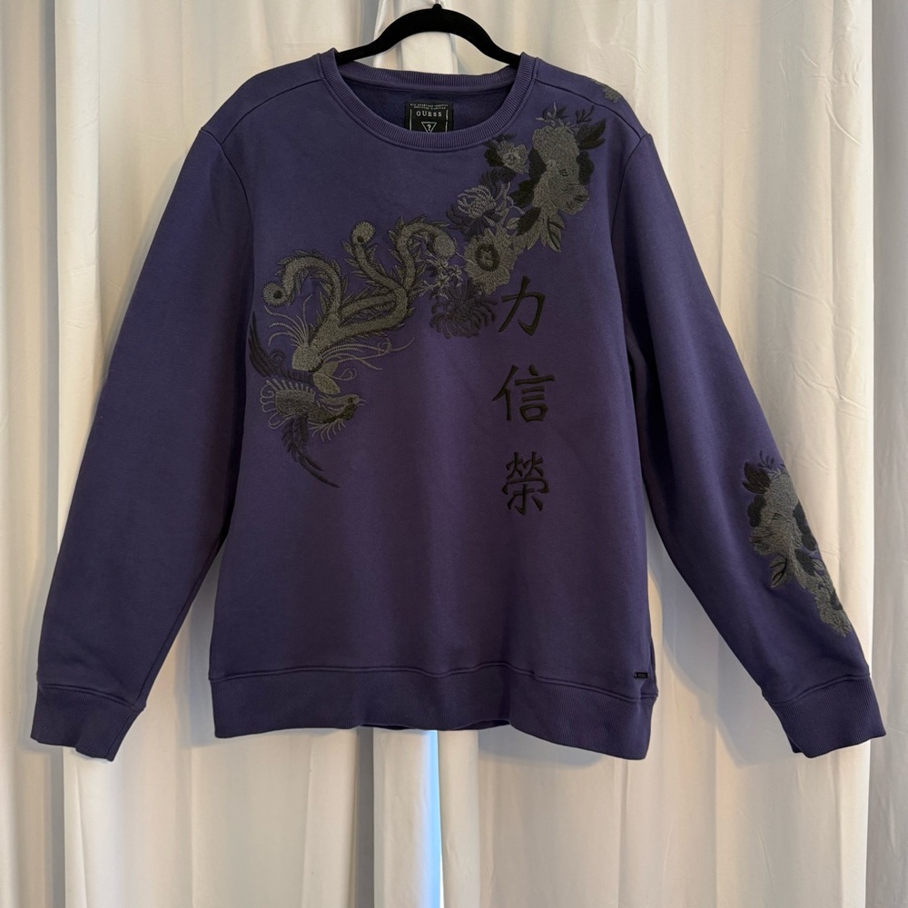 Guess Roy Embroidered Dragon Floral Sweatshirt Purple Crewneck Men’s XL